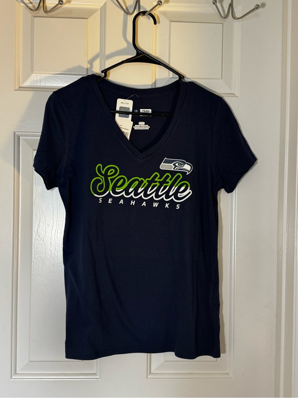 NFL Seattle Seahawks Women’s Navy V-Neck Tee with Lime Script